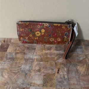 Patricia Nash Leather Floral Brown Wristlet Clutch